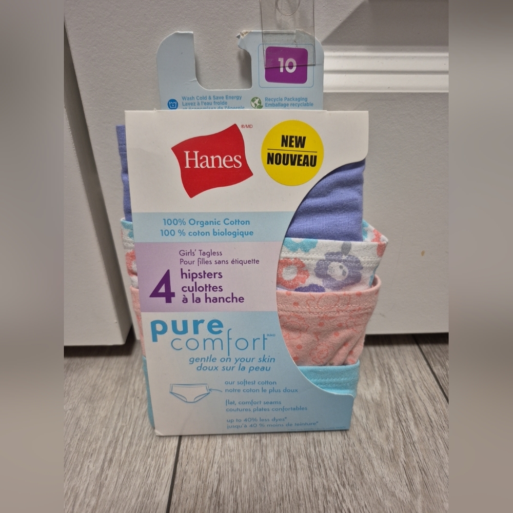 4 Pairs of Hanes Pure Comfort 100% Organic Cotton Girls' Hipsters Underwear Sz10
